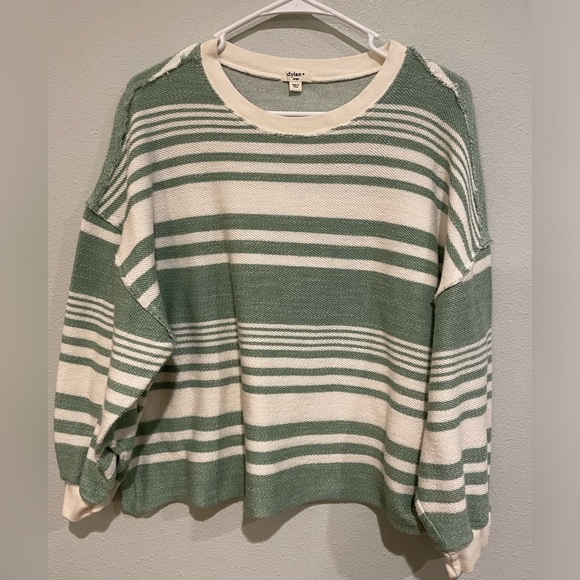 dylan Sweaters - Lightweight 100% Cotton Sweater by Dylan. Sage green and Cream Stripe. S…